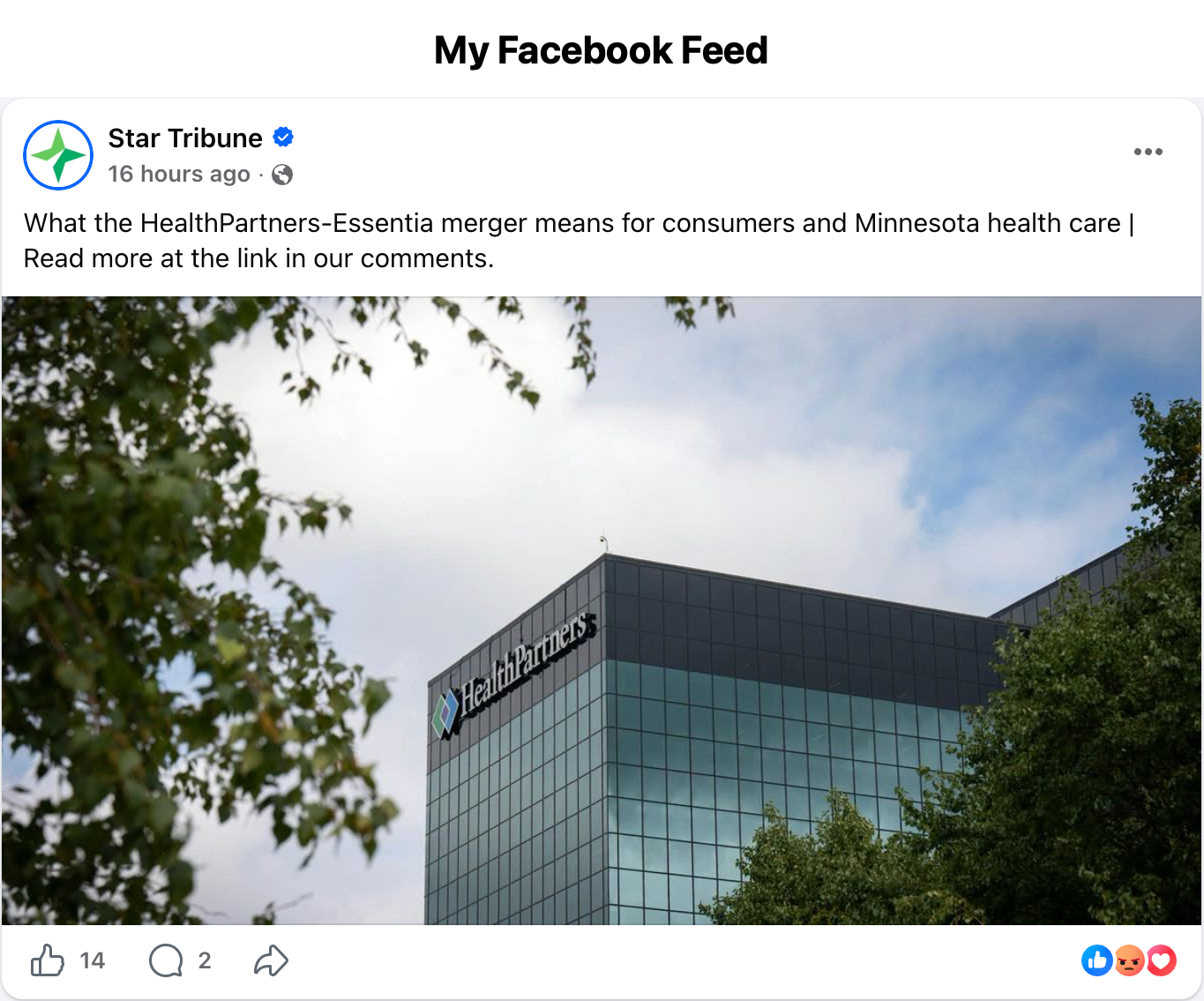 My Facebook Feed: Star Tribune reporting post about the HealthPartners–Essentia merger.