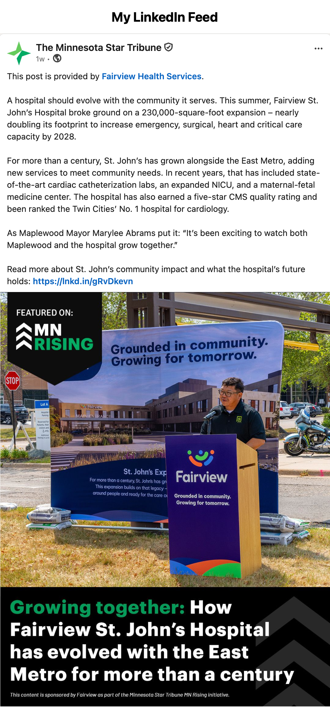 My LinkedIn Feed: Star Tribune promotional post for Fairview, with the original sponsorship disclosure visible.